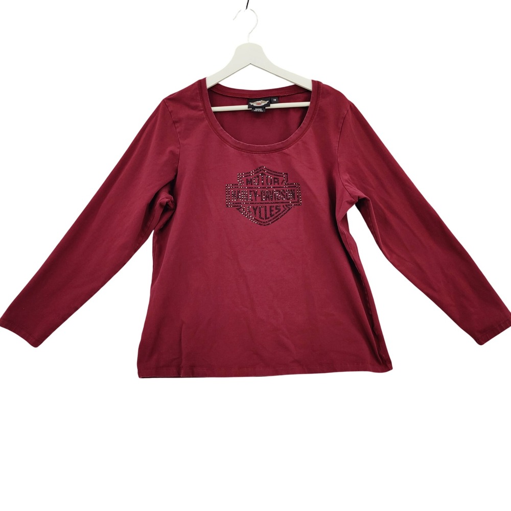 Harley Davidson Womens Plus 1W Long Sleeve Rhinestone Logo Shirt Burgundy Biker